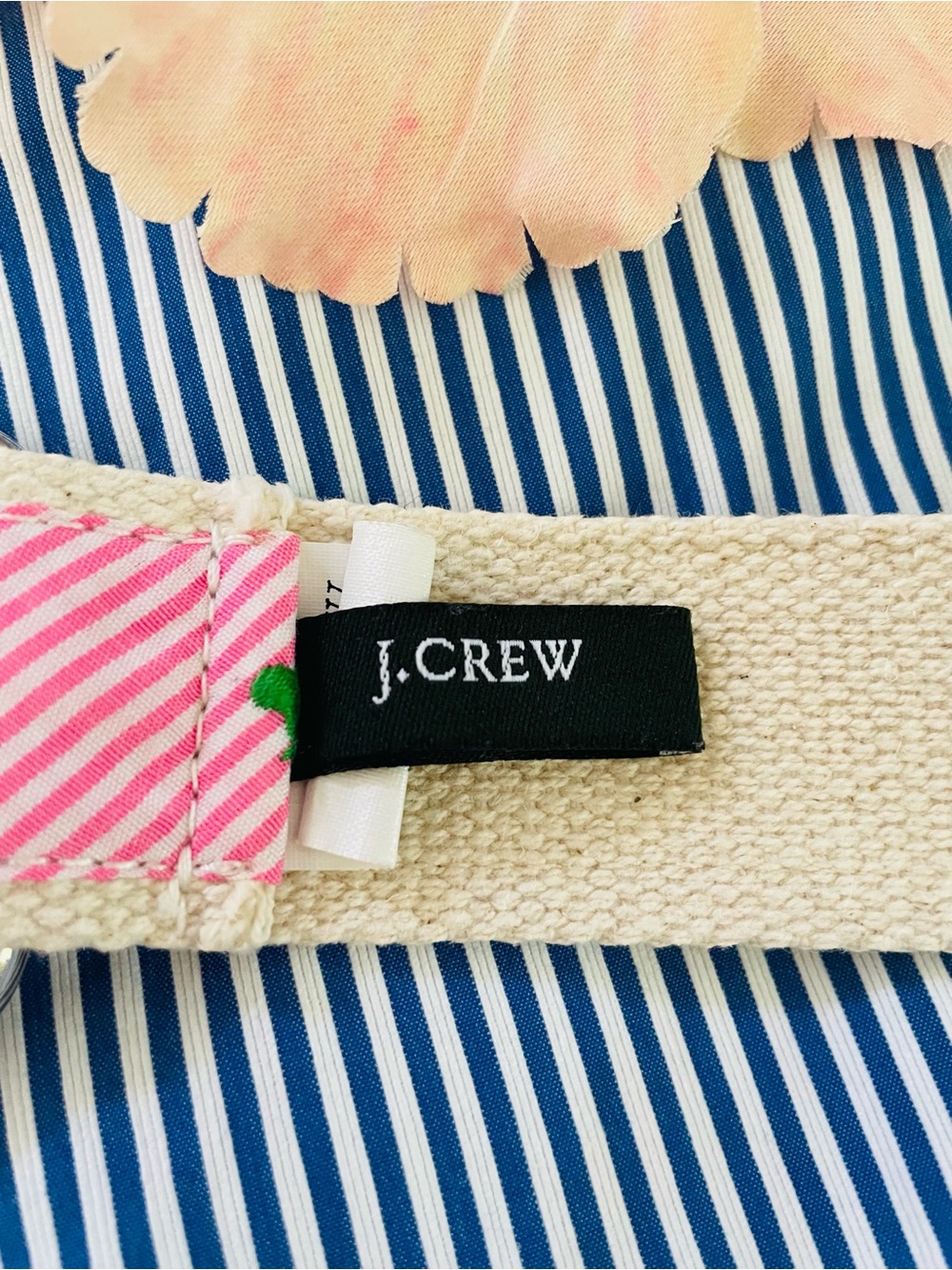 J. Crew Pink Striped Belt with Green Embroidered Hippo and Silver Rings - Picture 3 of 14